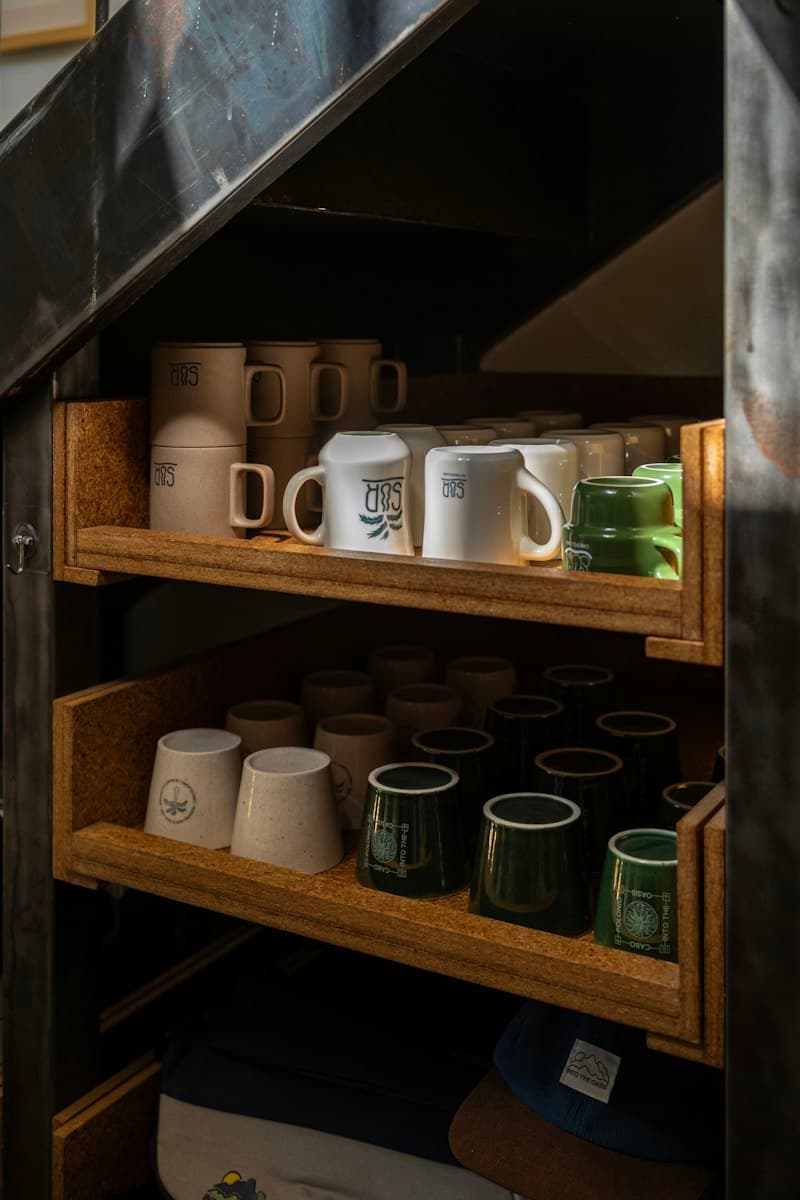 Various mugs and cups neatly arranged on open kitchen shelves